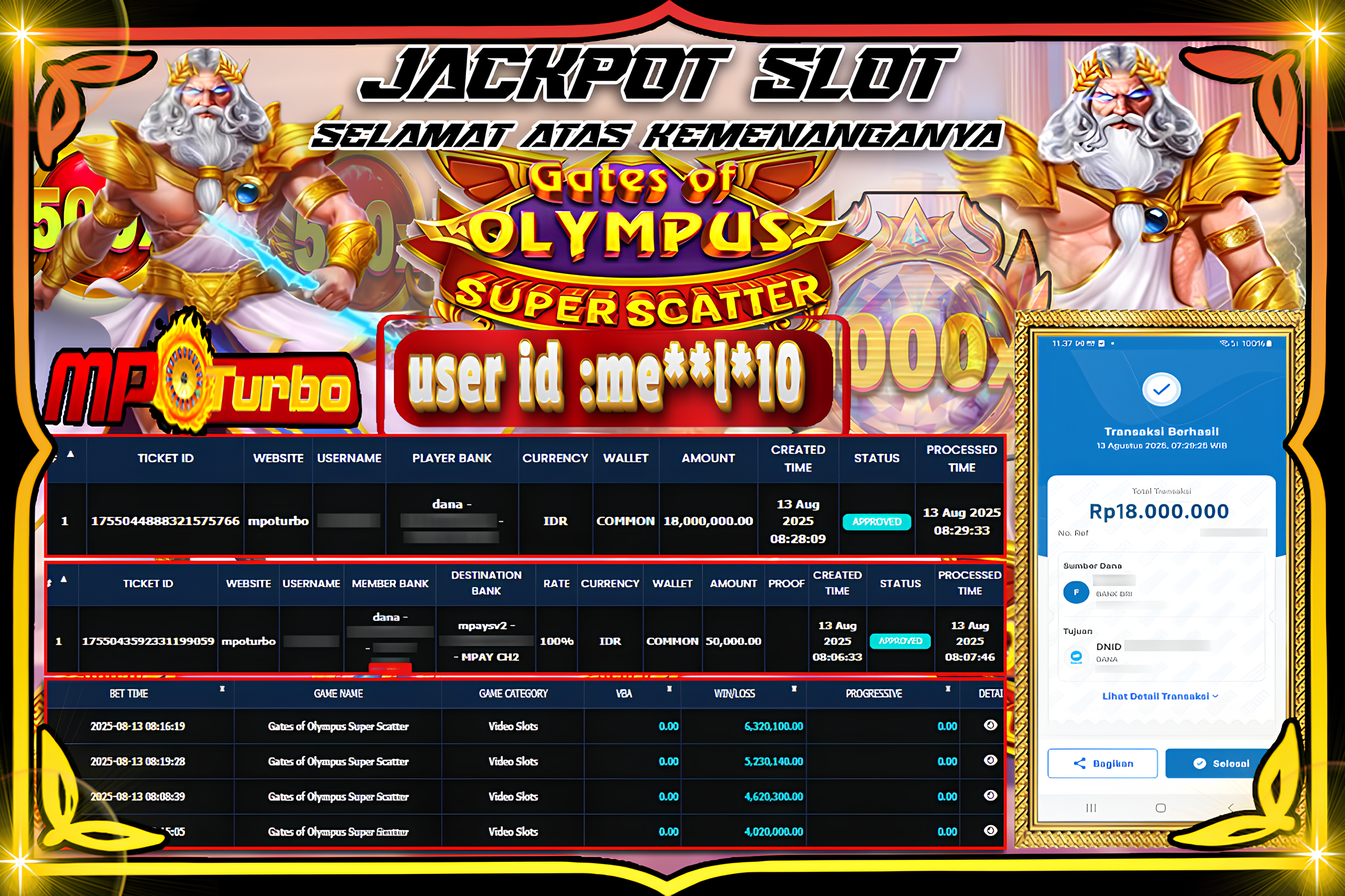 MPOTURBO JACKPOT SLOT GATES OF OLYMPUS SUPER SCATTER  Rp 18.000.000.00,- LUNAS